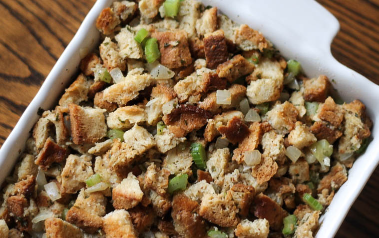 cropped picture of white casserole dish with homemade stuffing