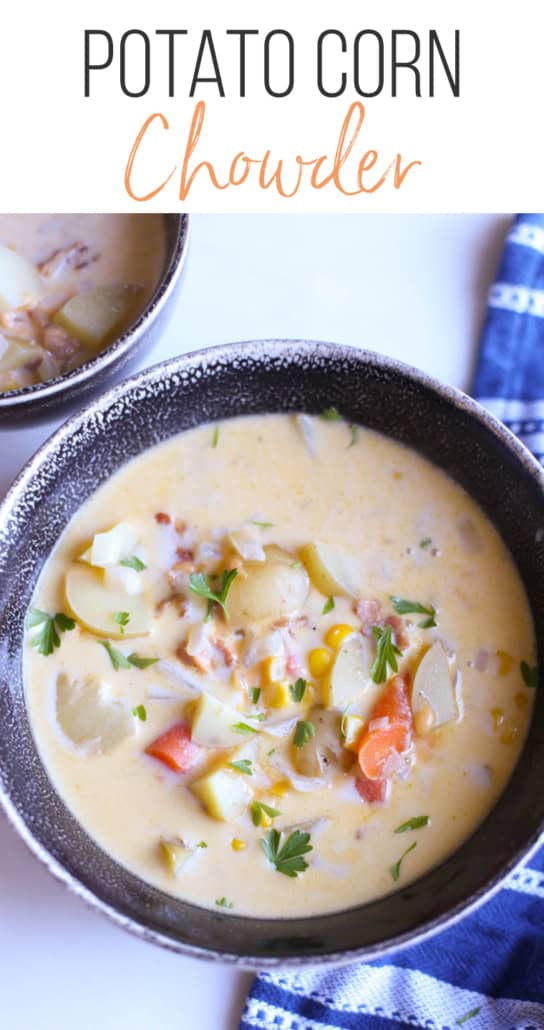 Potato Corn Chowder in a dark bowl