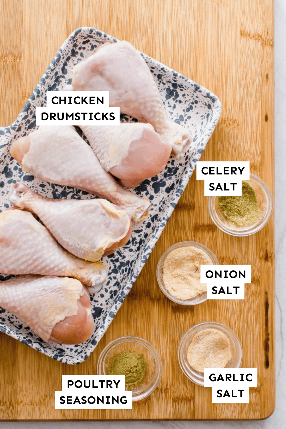 Ingredients for Instant Pot chicken drumsticks measured out and labeled.