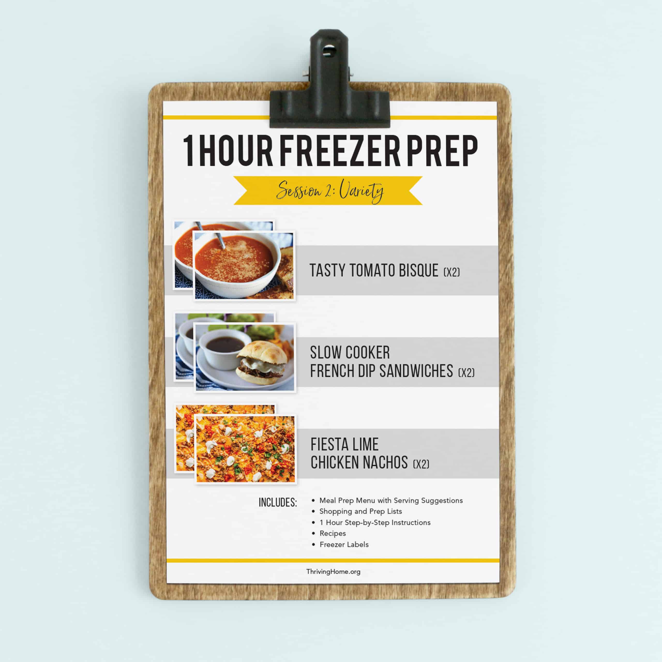 1 Hour freezer prep session cover page on a clipboard.