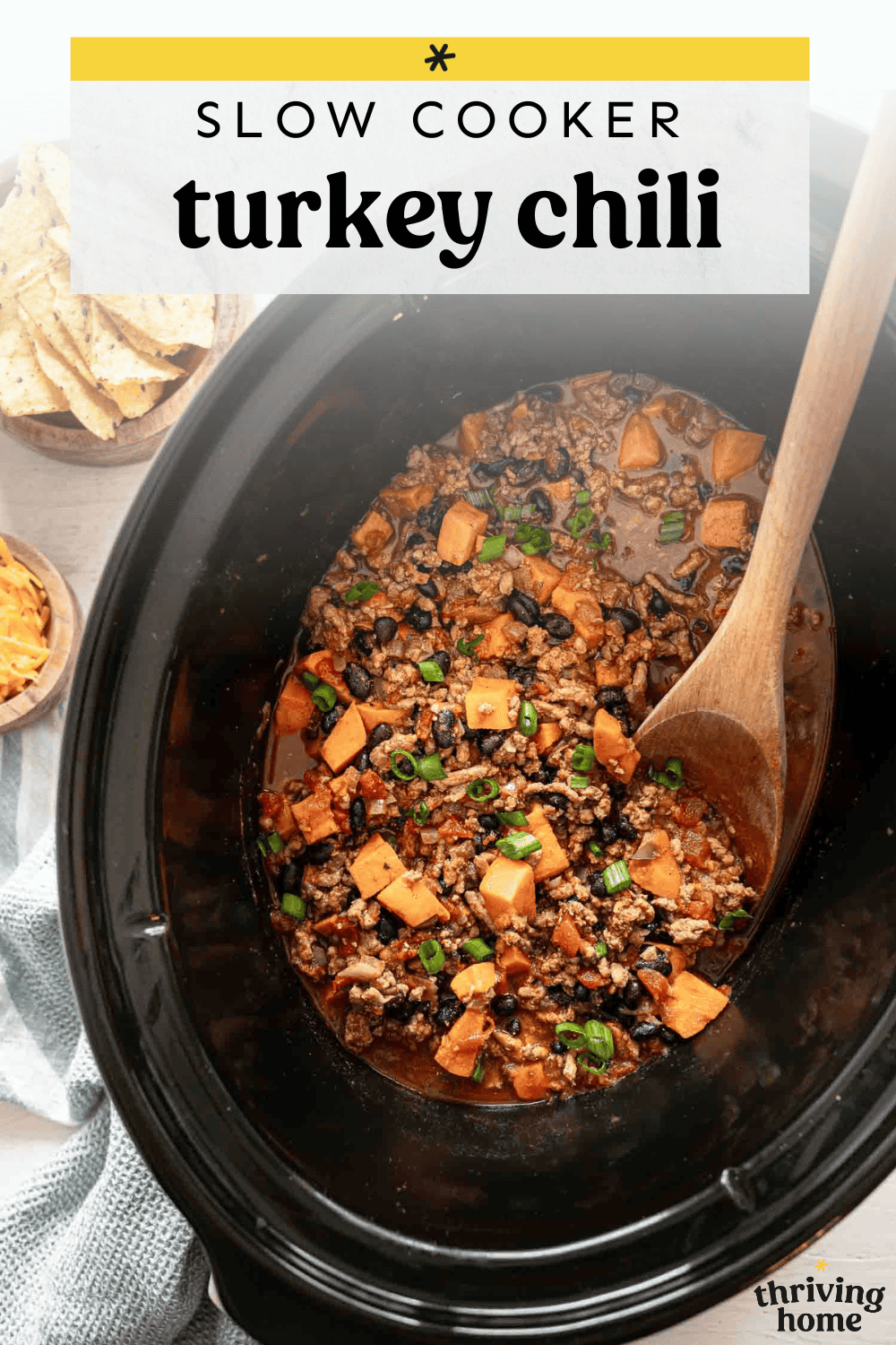 Turkey chili ready to serve out of a slow cooker.