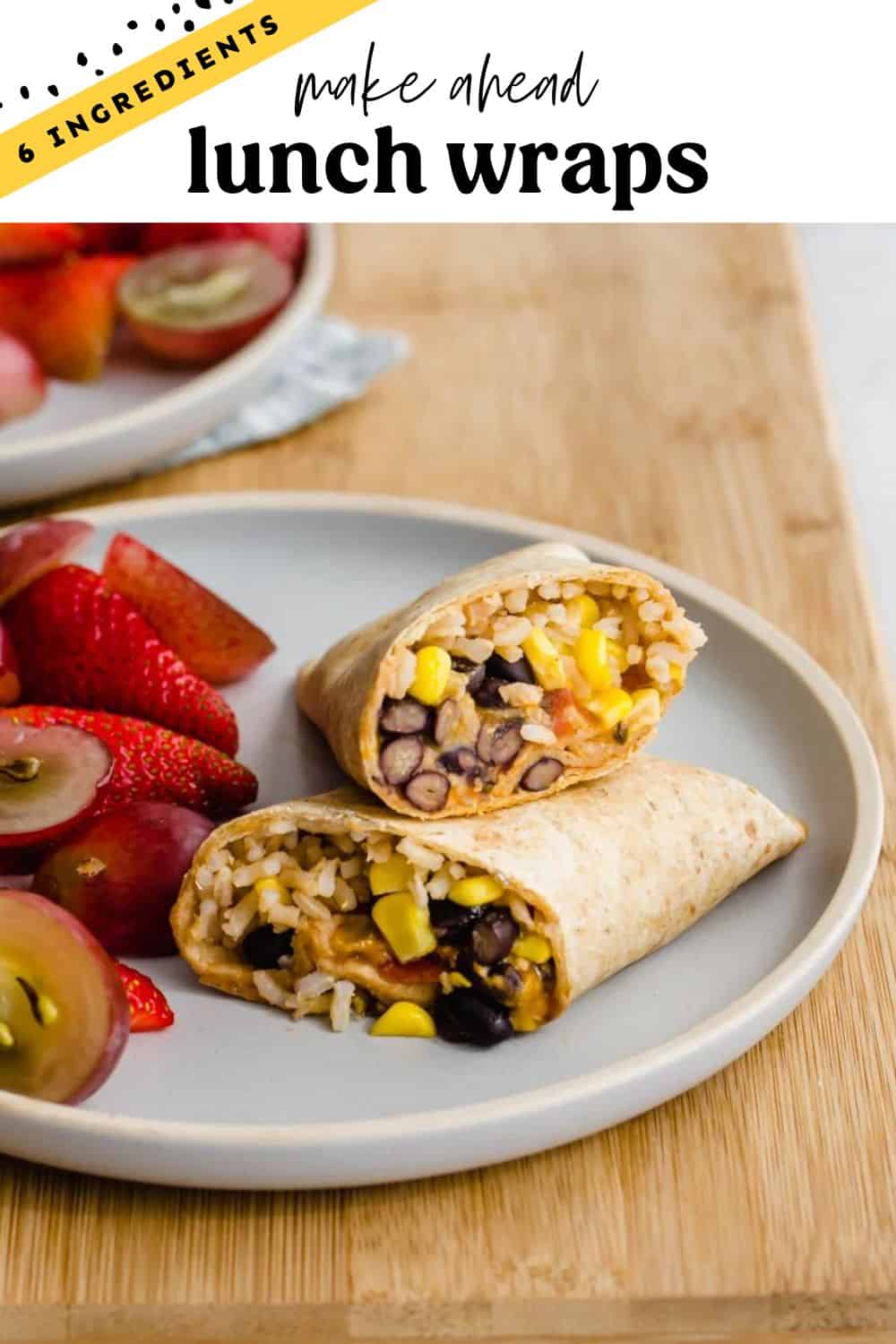 Make Ahead Lunch Wraps with cheese, rice, and beans on a plate.