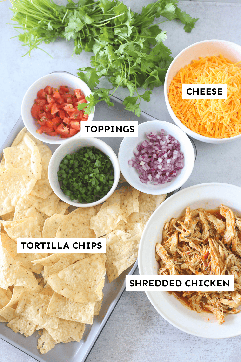 Topping ingredients for shredded chicken nachos measured out and labeled.