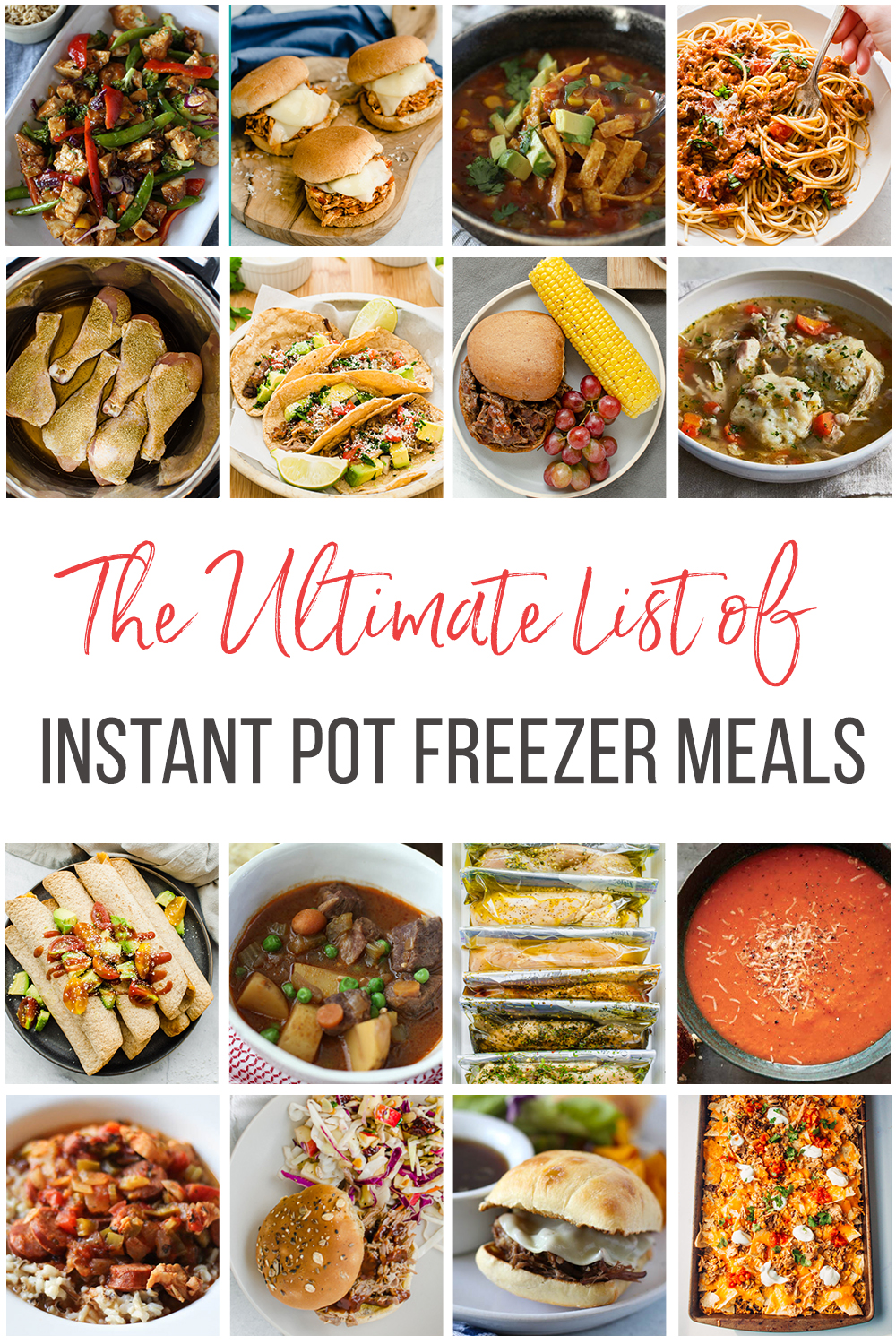 A collage of images for freezer meals made in the Instant Pot.