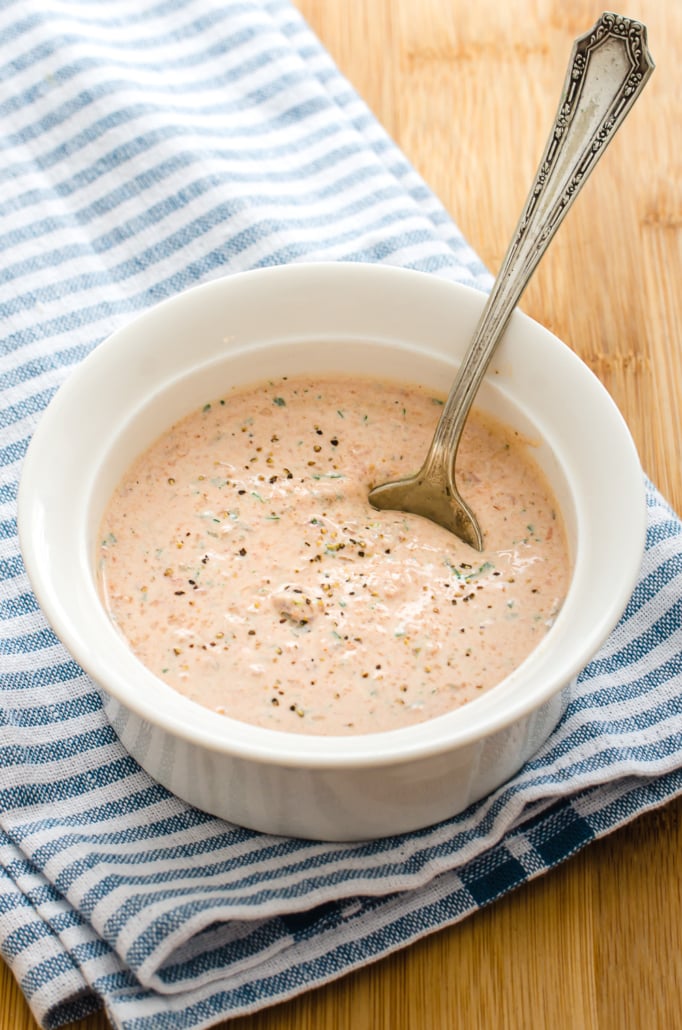 Southwest Ranch Dressing in a small white bowl for serving