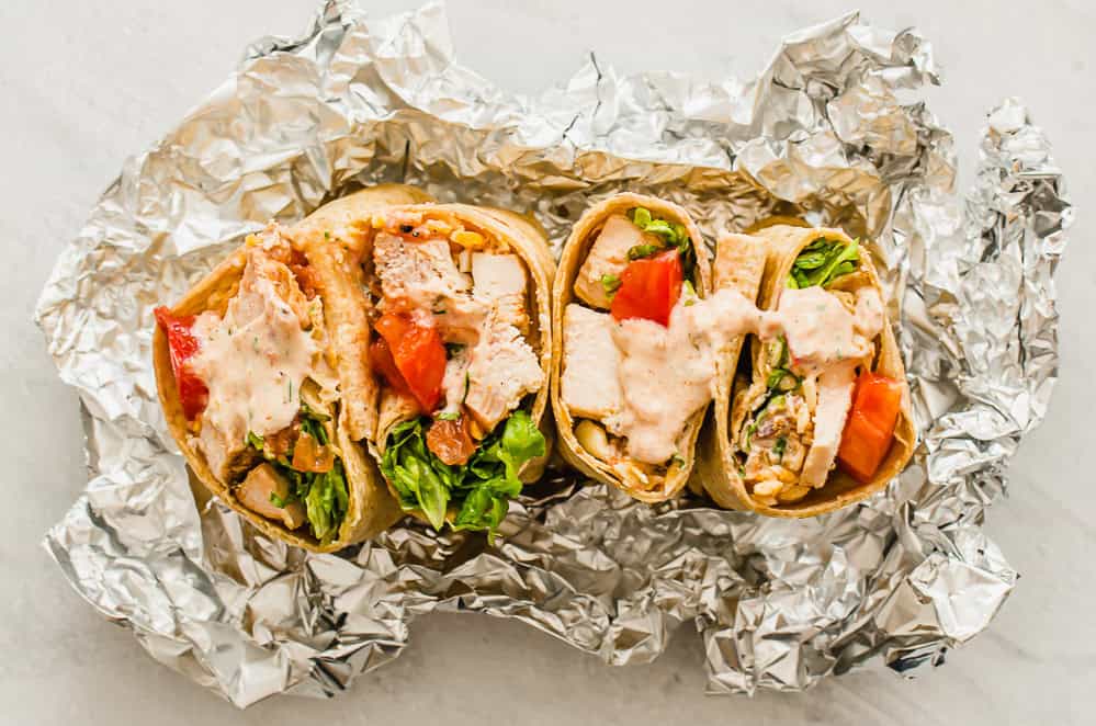 Southwest chicken wraps cut open and face up