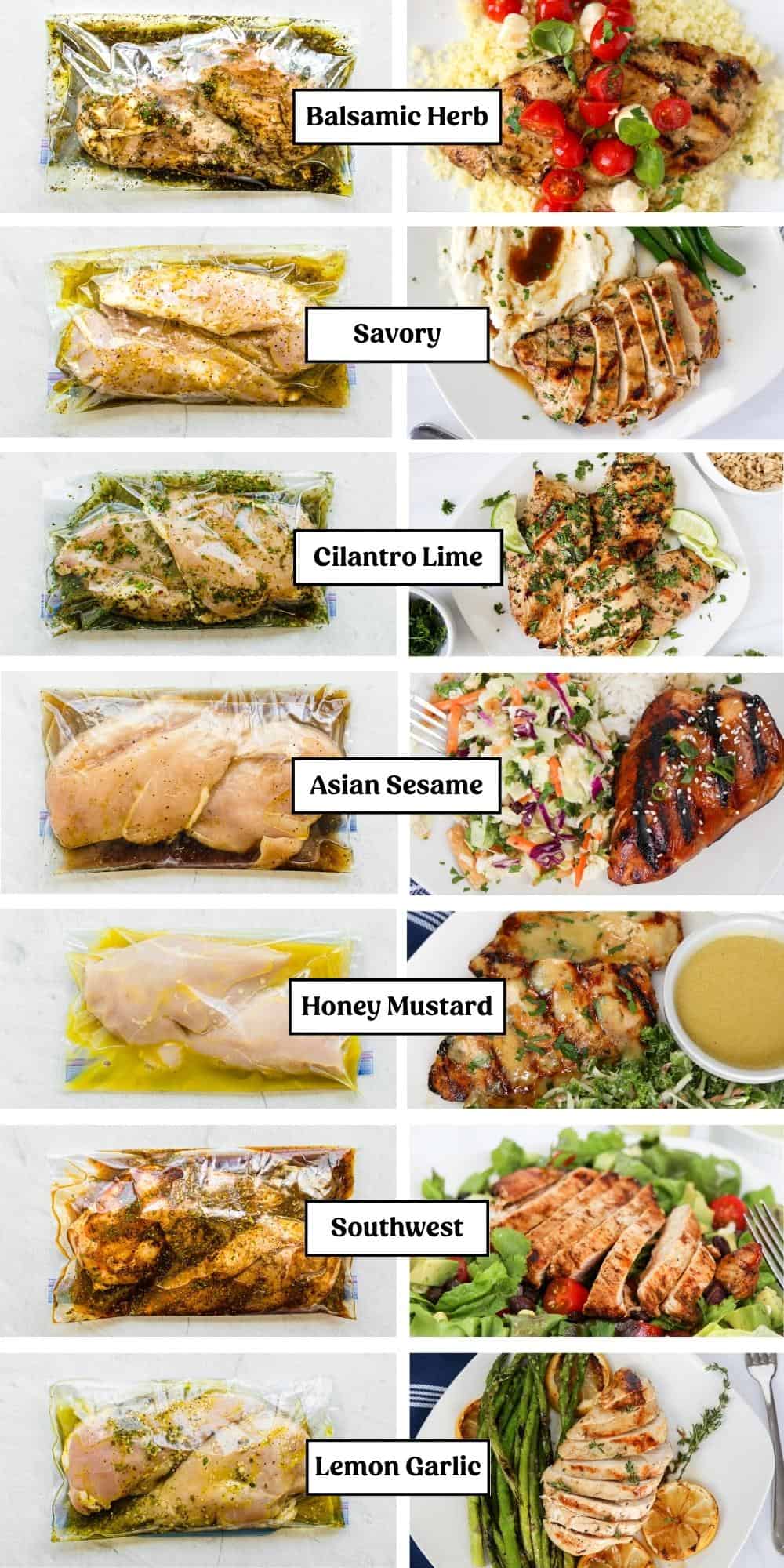 These 7 well-tested, easy chicken marinades will transform boneless chicken breasts into several tasty, healthy meals. We'll show you four different methods for cooking your marinated chicken, plus how to make them into freezer meals for later.