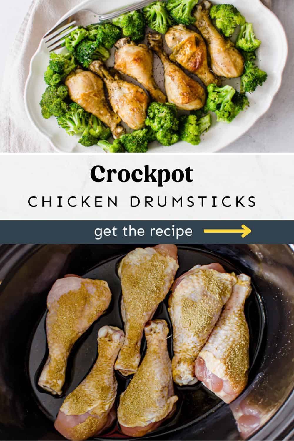 Top photo of chicken drumsticks on a platter with lettuce and the bottom photo of drumsticks cooking in the crockpot.