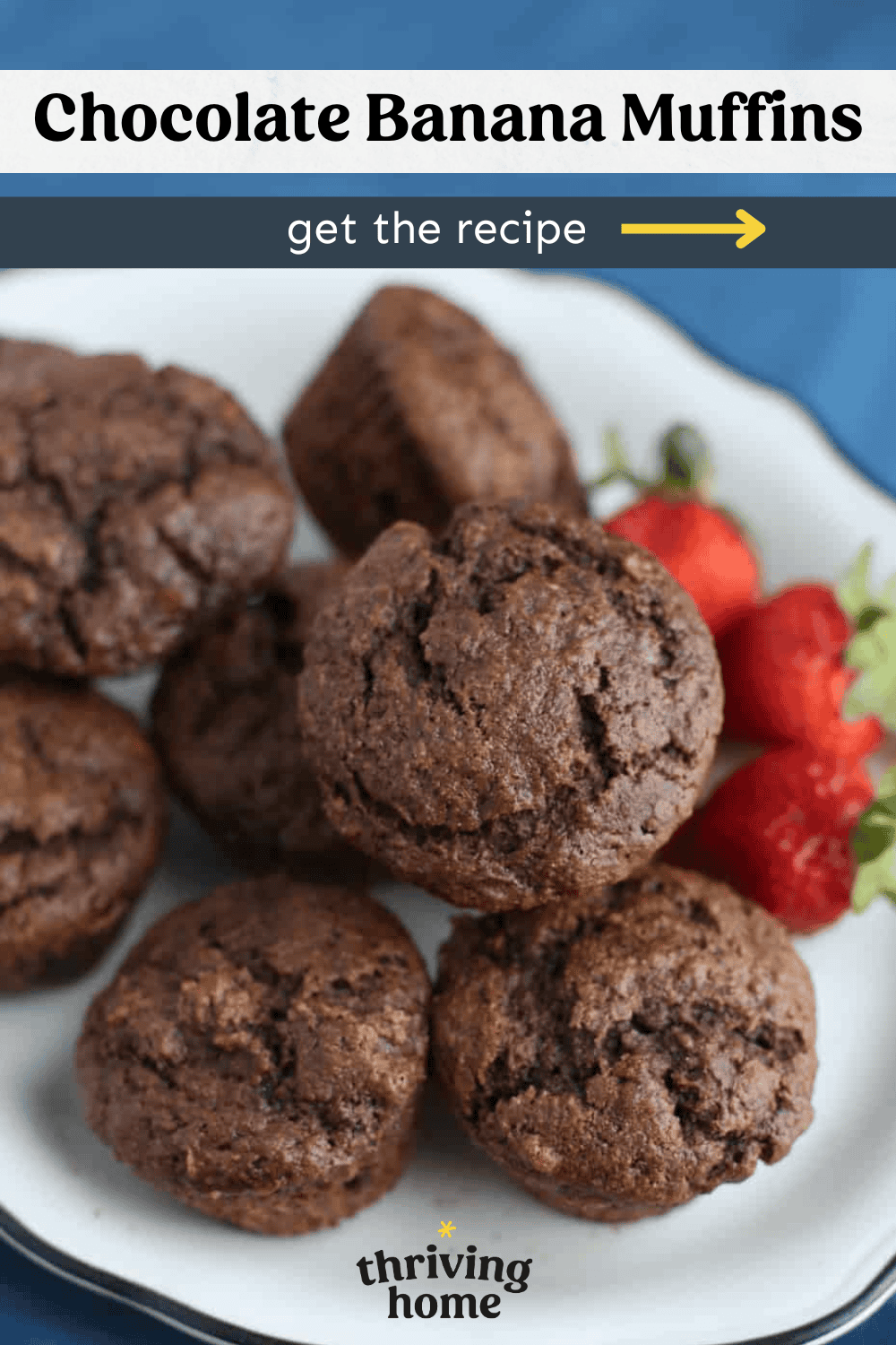 Chocolate banana muffins stacked on a white plate.
