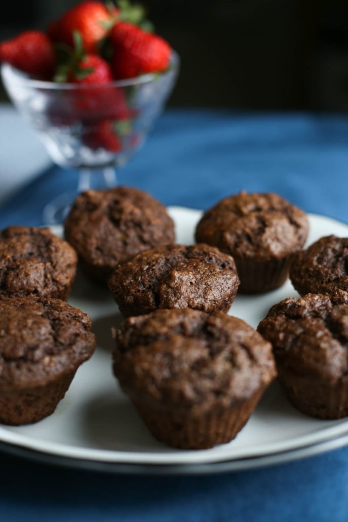 Chocolate banana muffins on a white plate