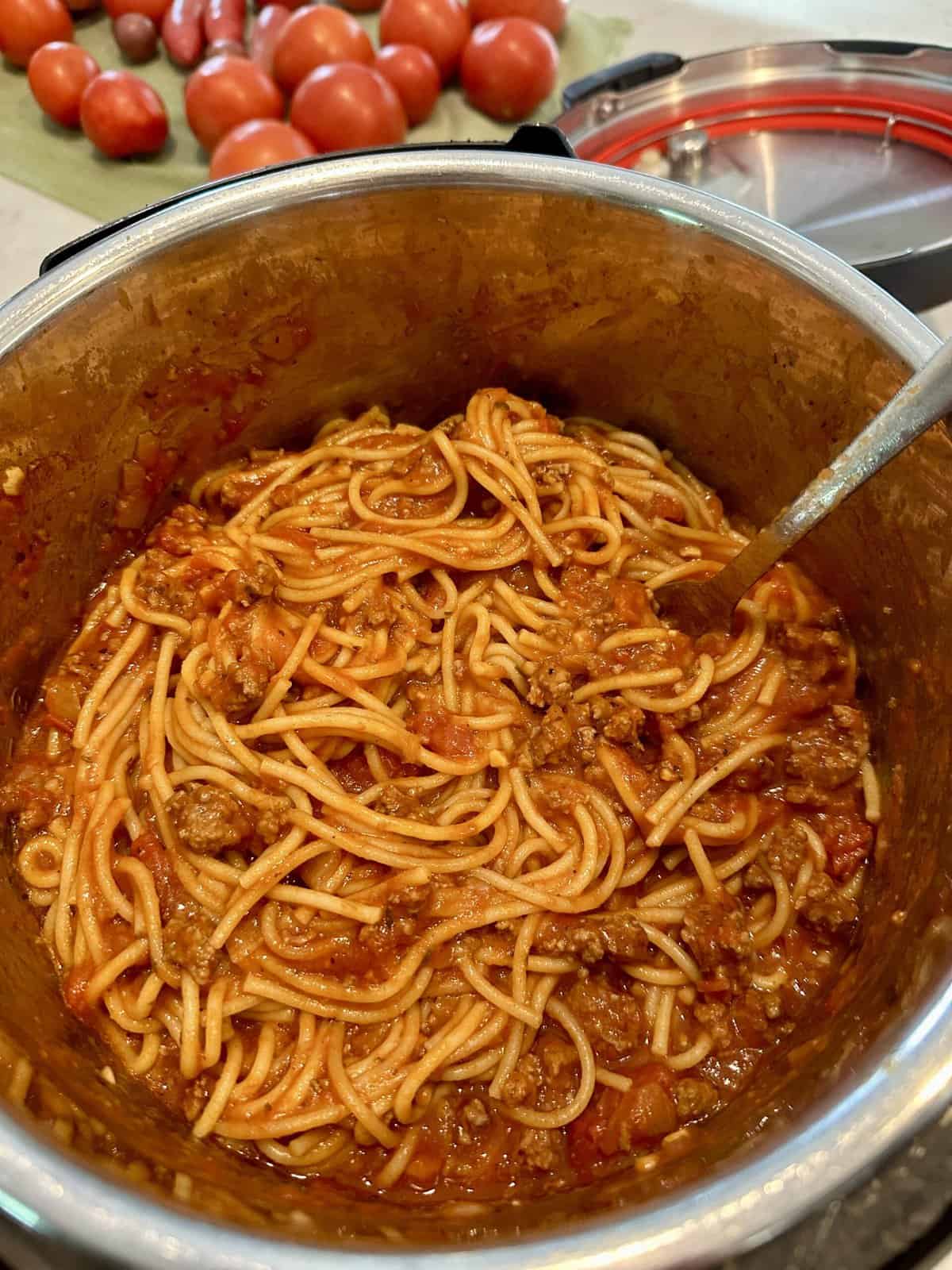Instant pot spaghetti with meat sauce.