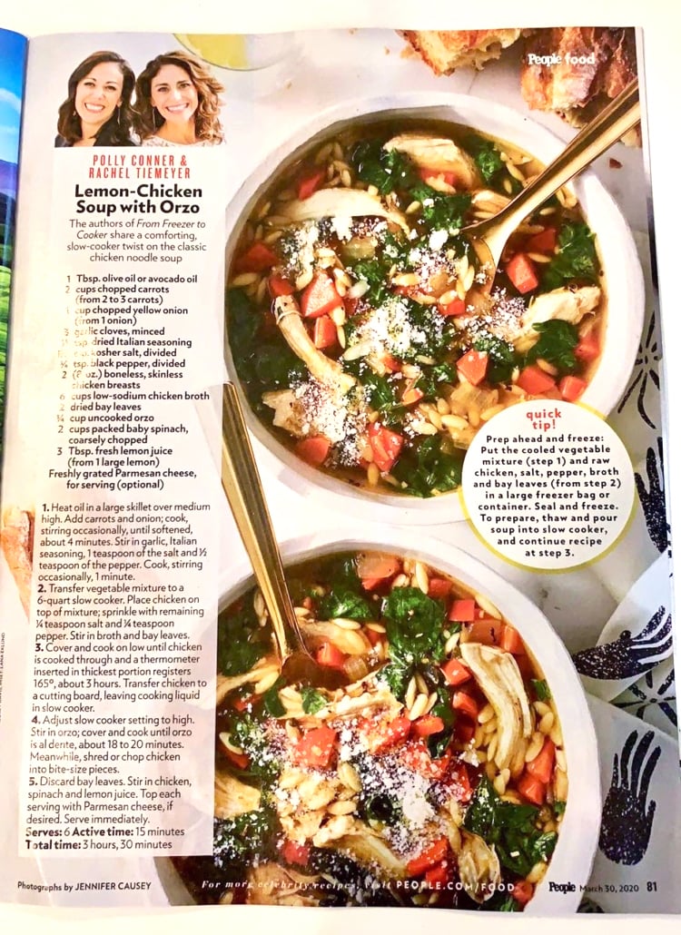 A page from People Magazine with Polly Conner & Rachel Tiemeyer .and the Lemon-Chicken Soup wit Orzo.