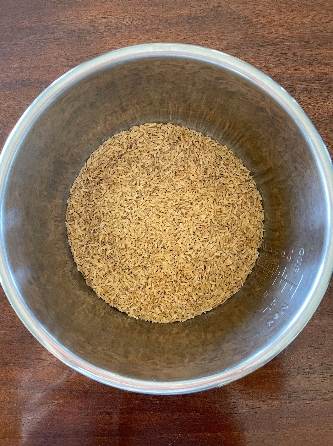 Uncooked brown rice in an instant pot bowl.