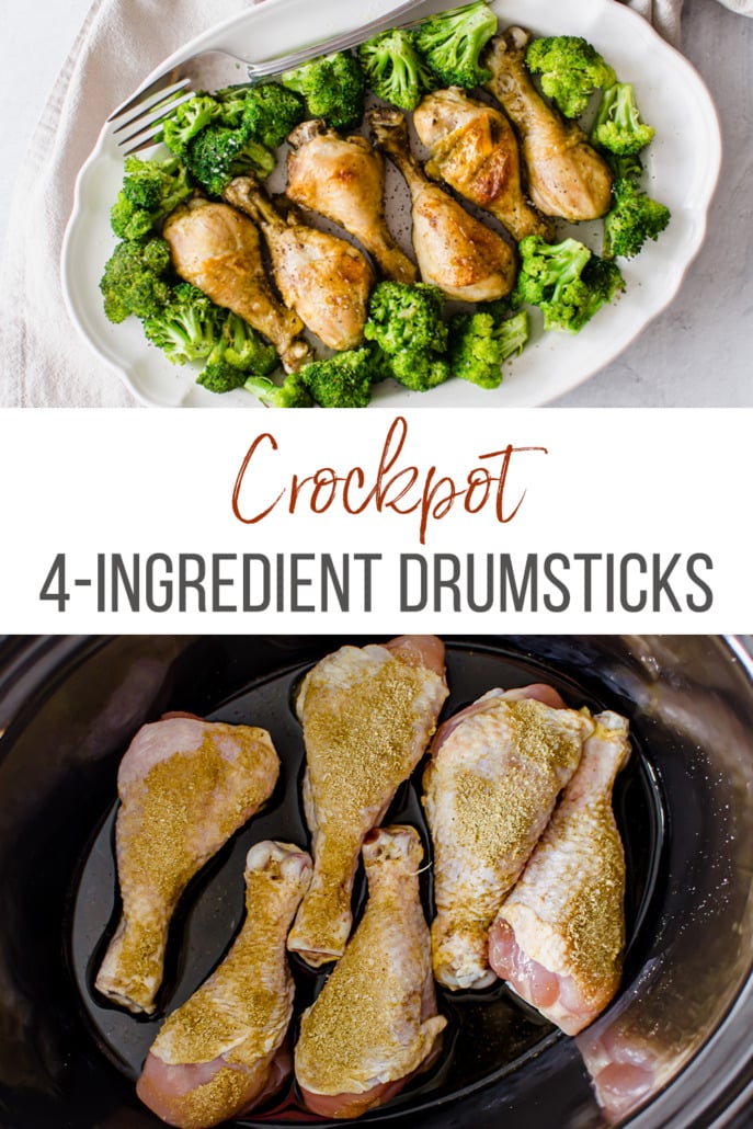 Crockpot drumsticks on a white plate with broccoli
