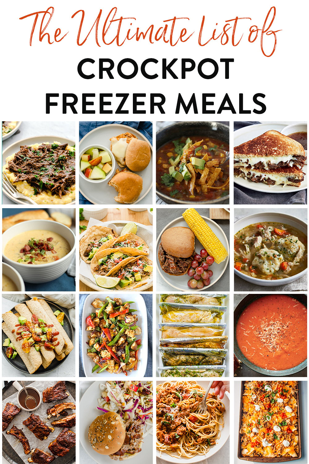 Collage of recipes from the ultimate list of crockpot freezer meals.