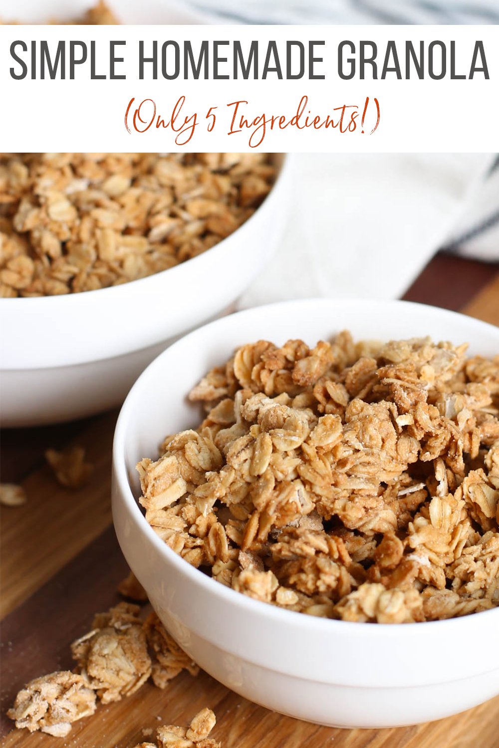 Simple homemade granola in white bowls.