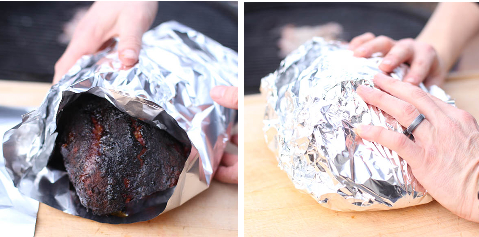 Two photos of aluminum foil being wrapped around a smoked pork shoulder.
