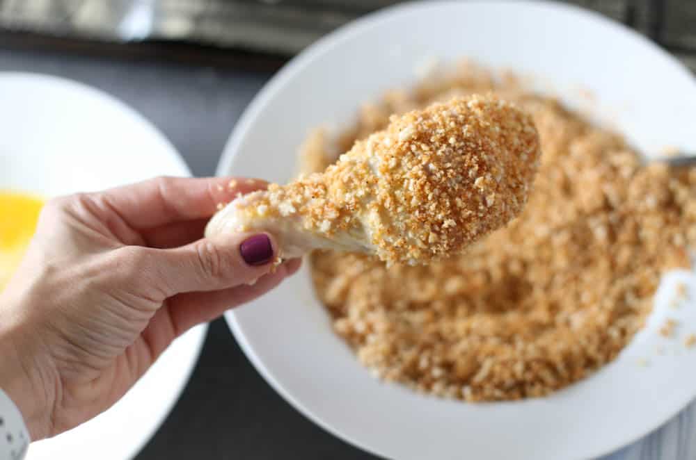 Chicken drumstick rolled in panko breadcrumbs.