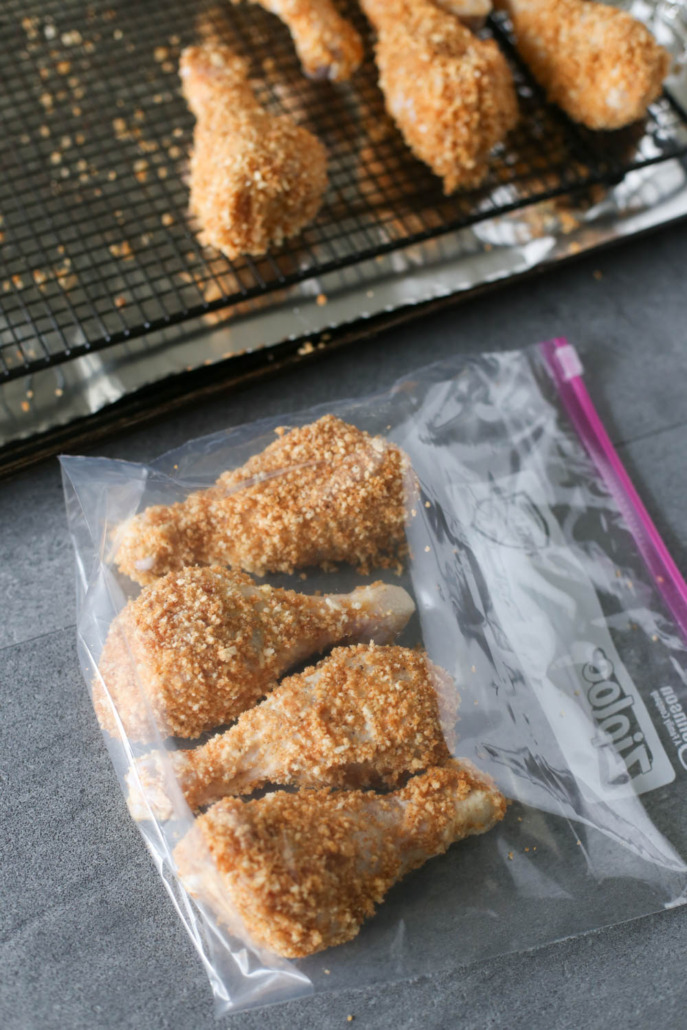 Breaded drumsticks in a freezer meal bag