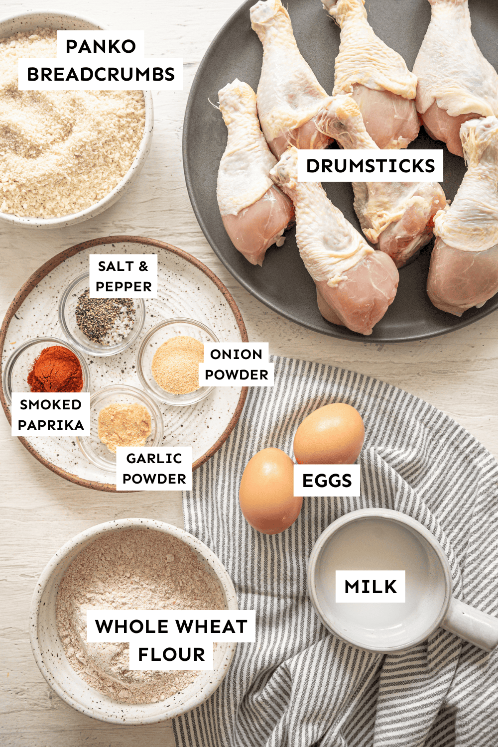 Crispy baked drumstick ingredients measured out and labeled.