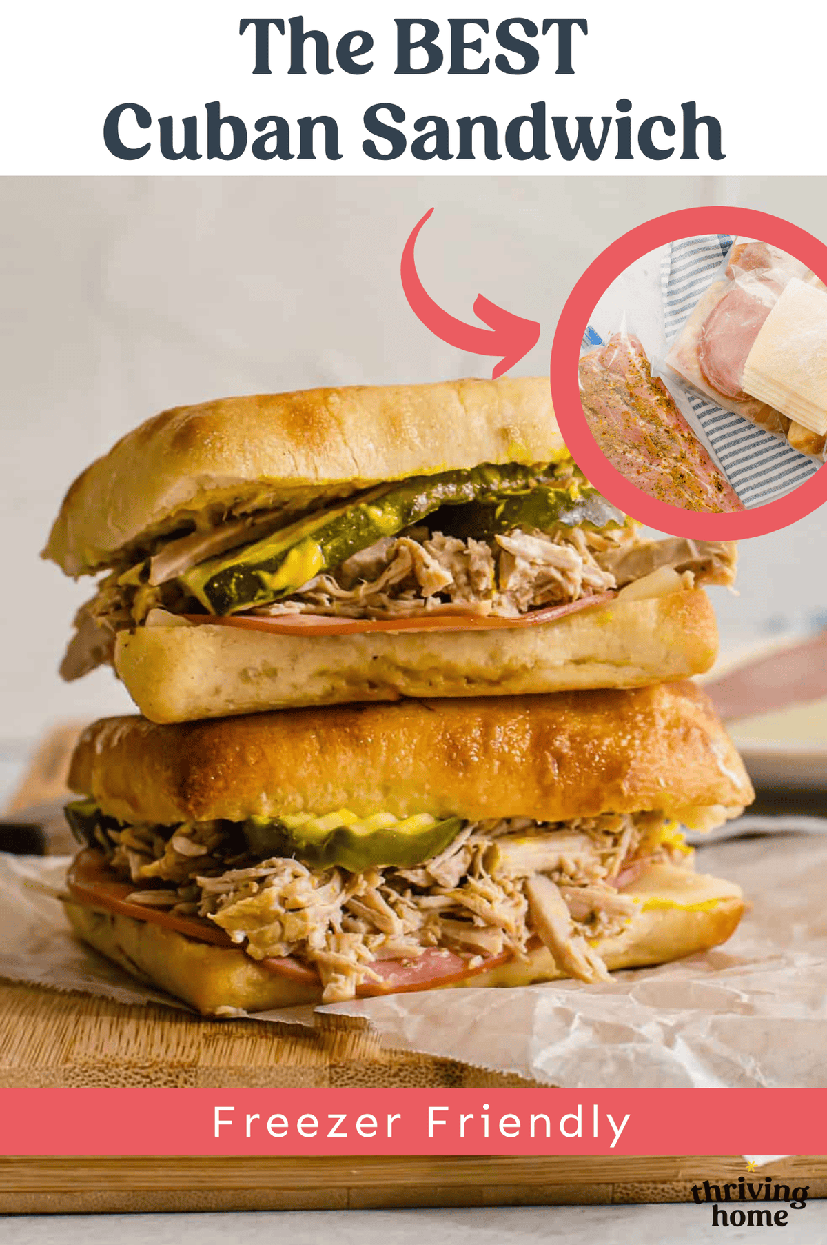 Two Cuban pork paninis stacked on a cutting board with an inset photo of the ingredients as a freezer meal kit.