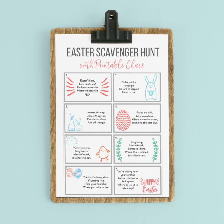 A clipboard with easter scavenger hunt clues on it.