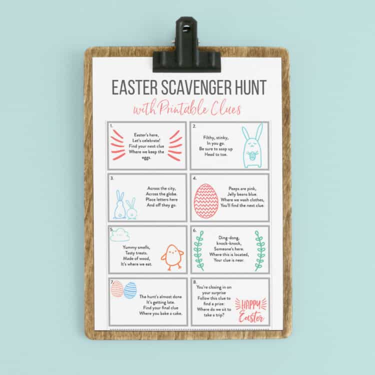 A clipboard with easter scavenger hunt clues on it.