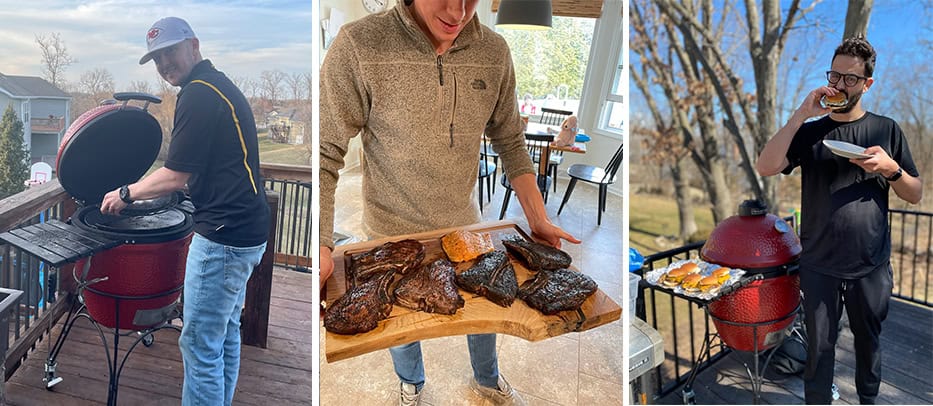 Three photos of three different men using their kamado jo to smoke meat.