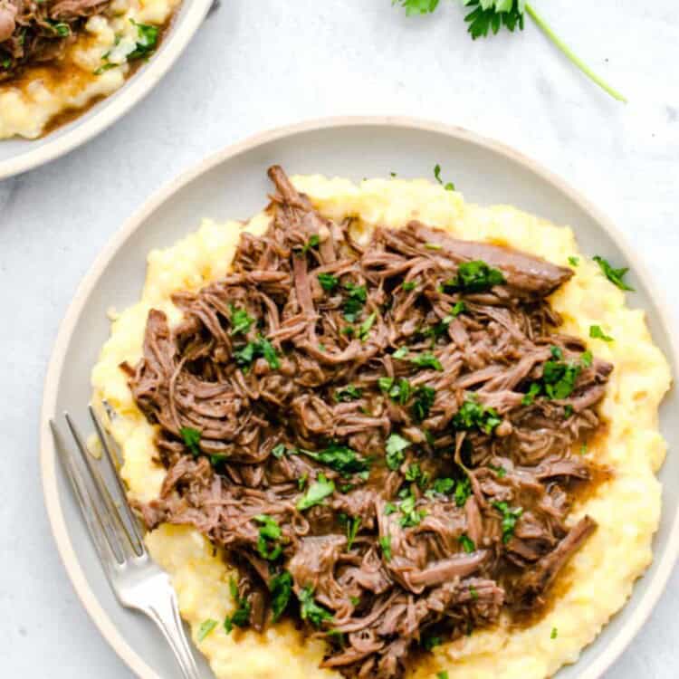 overhead shot of balsamic shredded beef