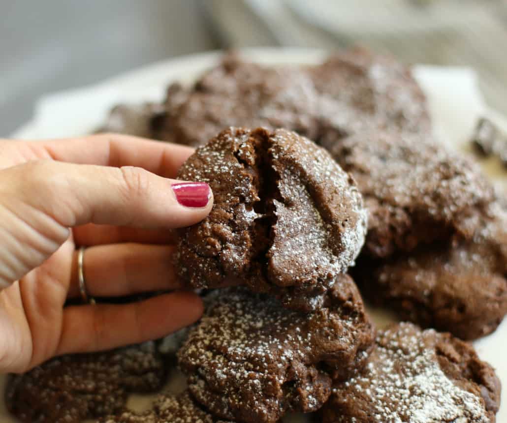 A hand holding a coffee cookie 