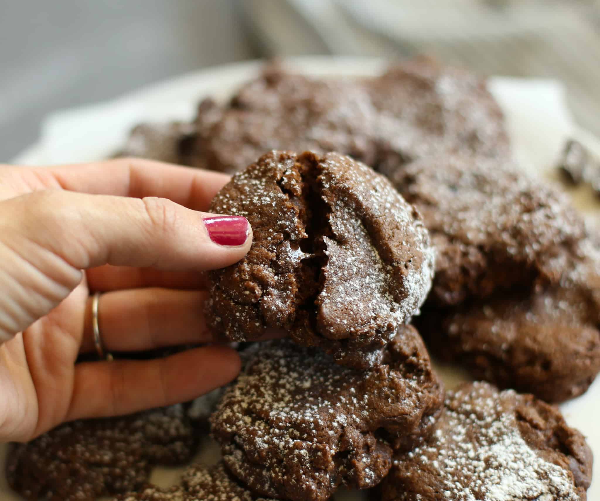 A hand holding a dark chocolate coffee cookie.