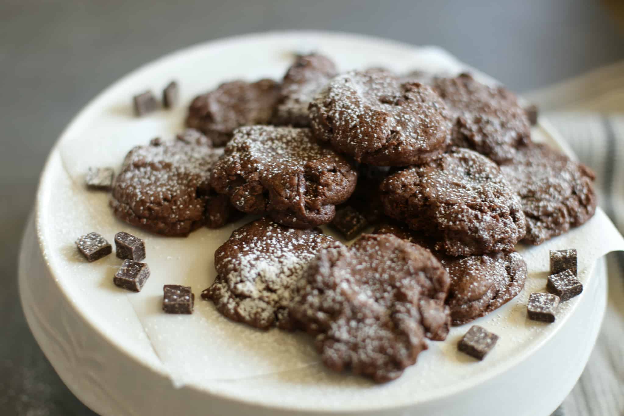 Chocolate Coffee Cookies on a white dish sprinkled with powdered sugar.