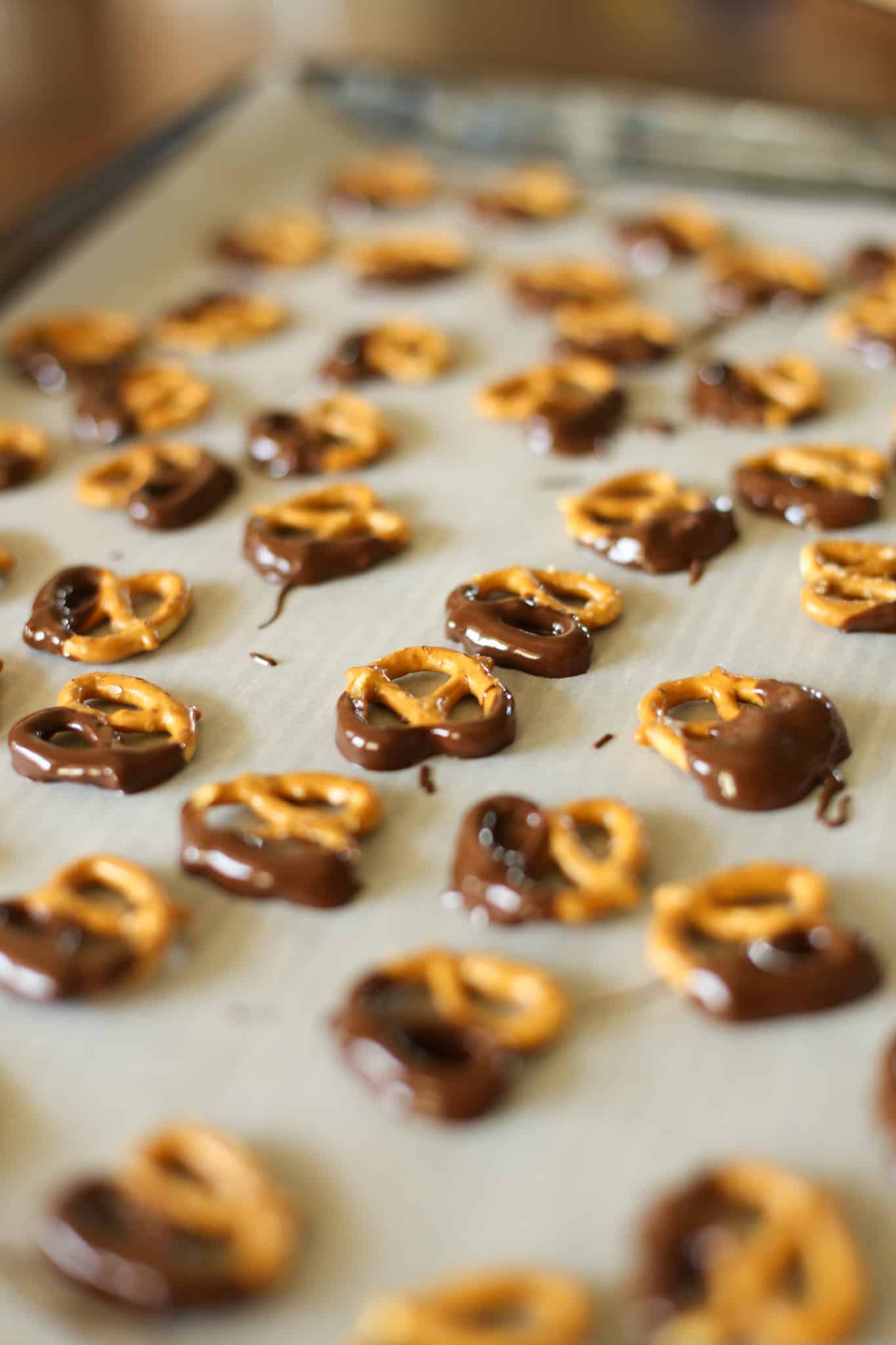 Peanut butter dark chocolate covered pretzels cooling on a parchment-lined baking sheet.