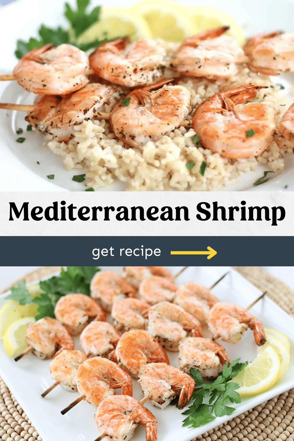 Two photos of Mediterranean shrimp kabobs one on a bed of rice and the other on a platter.