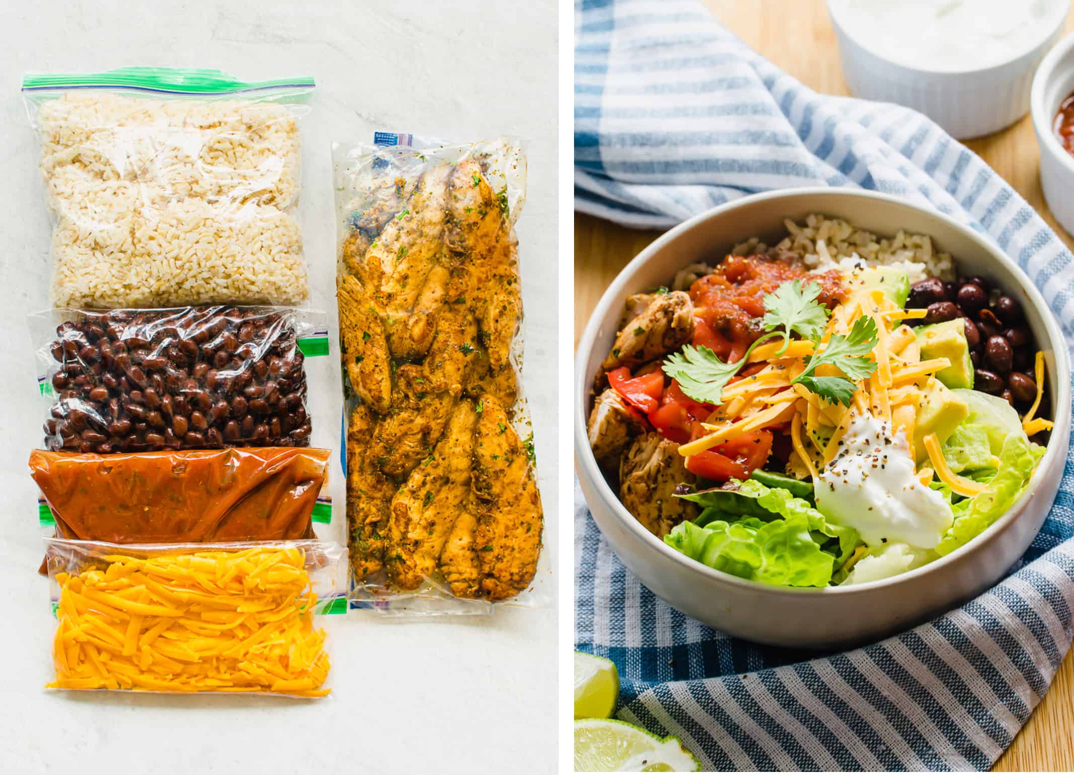 Two pictures, the one on the left with freezer bags of rice, black beans, salsa, cheese, and chicken breasts and the right has a chicken burrito bowl ready to eat.