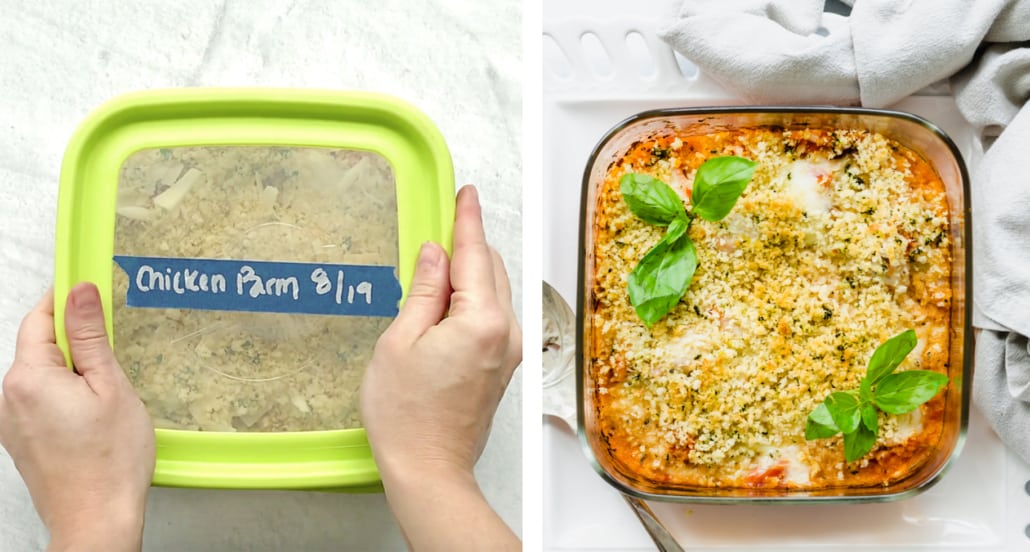 Side by side image of chicken parmesan casserole in a freezer dish and cooked version 