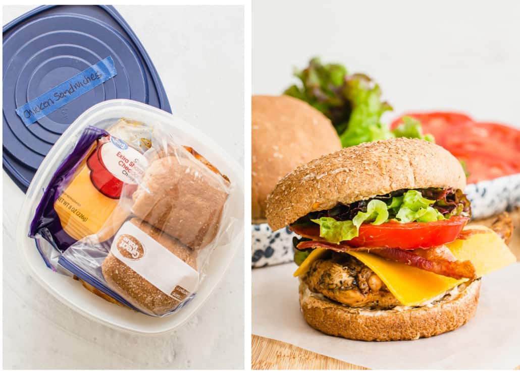 Side by side image of grilled chicken sandwiches as a freezer meal and one fulled cooked and assembled 

