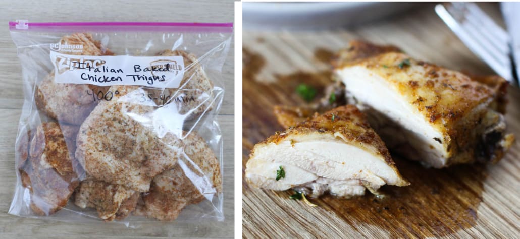Side by side image of italian baked chicken thighs in a freezer meal and one thigh sliced open 