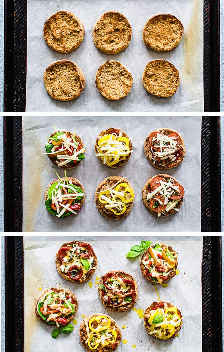 Photos of the stages of making english muffin pizzas from toasting, to adding toppings, to being cooked.