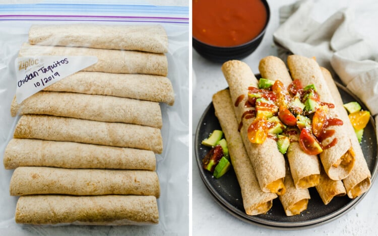 Creamy chicken taquitos lined up in a freezer bag and a pyramid of baked taquitos with avocado salsa on top.