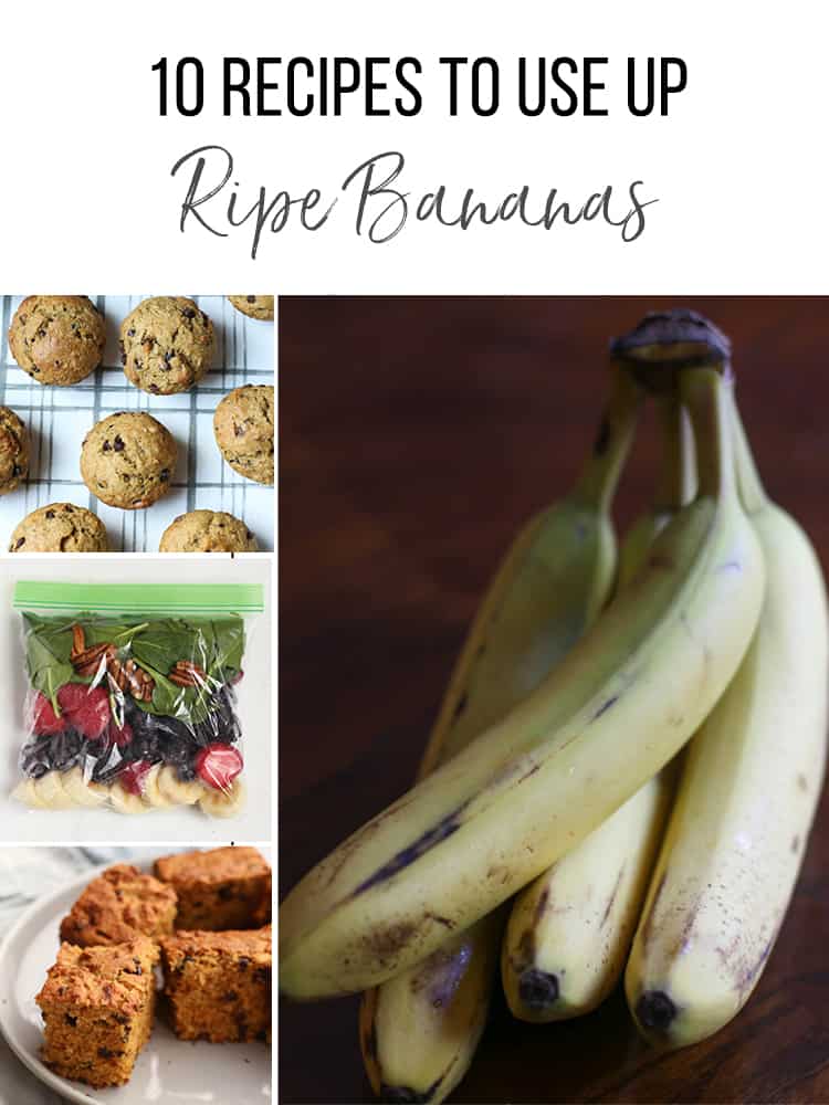 A bunch of bananas and muffins, smoothie pack, and breakfast cake with bananas in them.