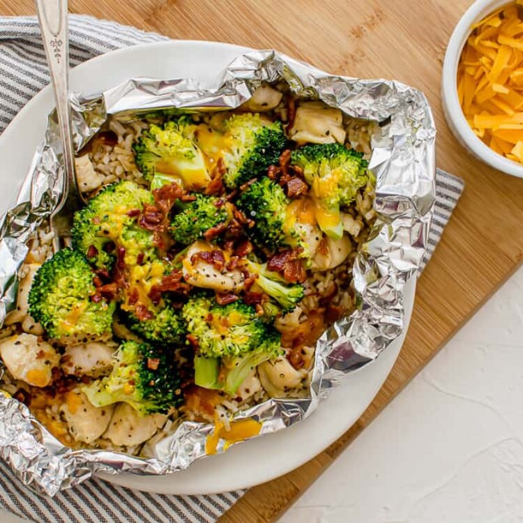 chicken foil packet with broccoli, bacon, and rice