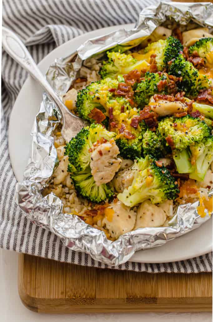 chicken foil packet with broccoli, bacon, and rice