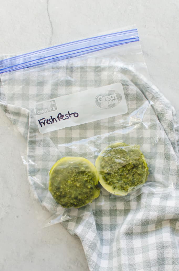 small portions of pesto in a freezer bag 