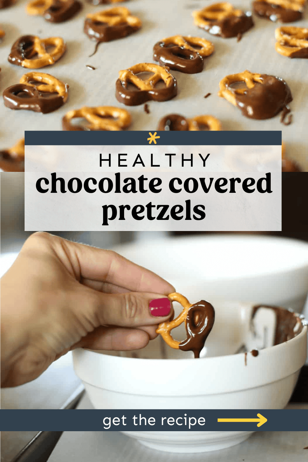 Chocolate covered pretzels on a baking sheet with a second photo of a hand dipping a pretzel in melted chocolate.