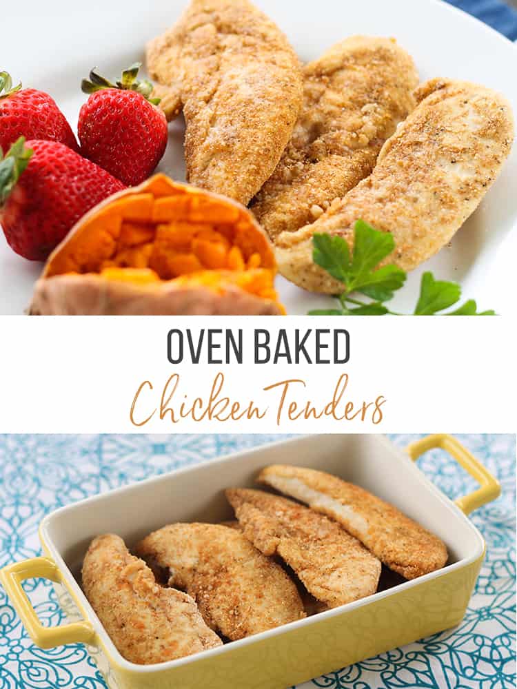 Oven baked chicken tenders in a baking dish.