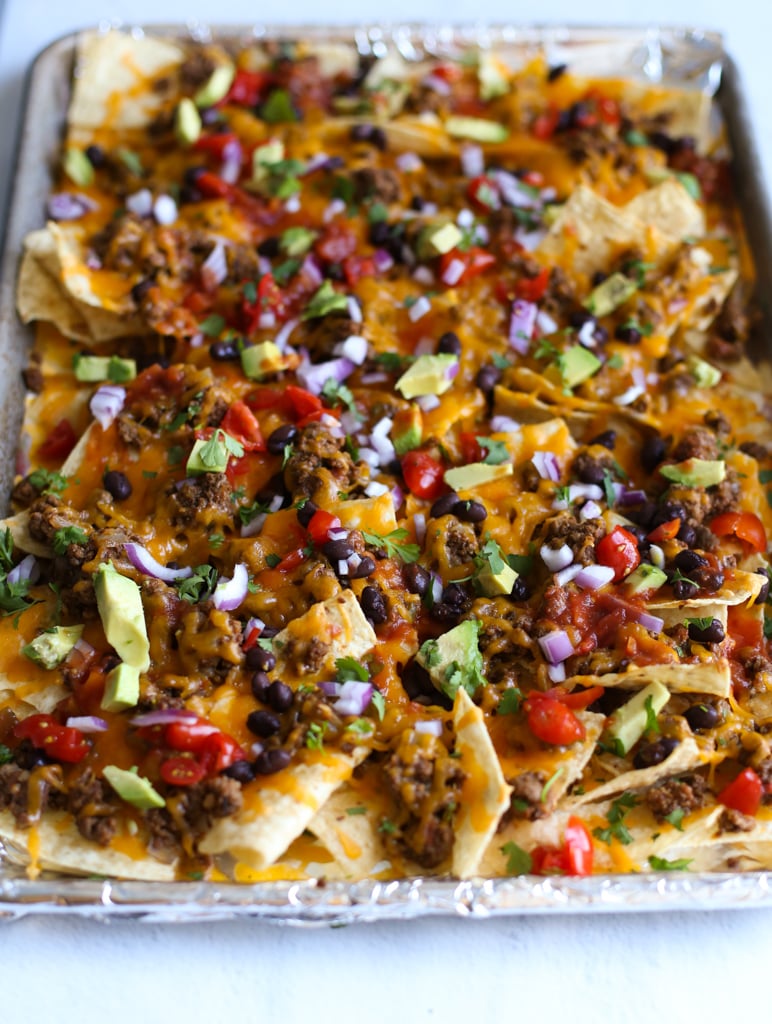 Ground Beef Sheet Pan Nachos with toppings 