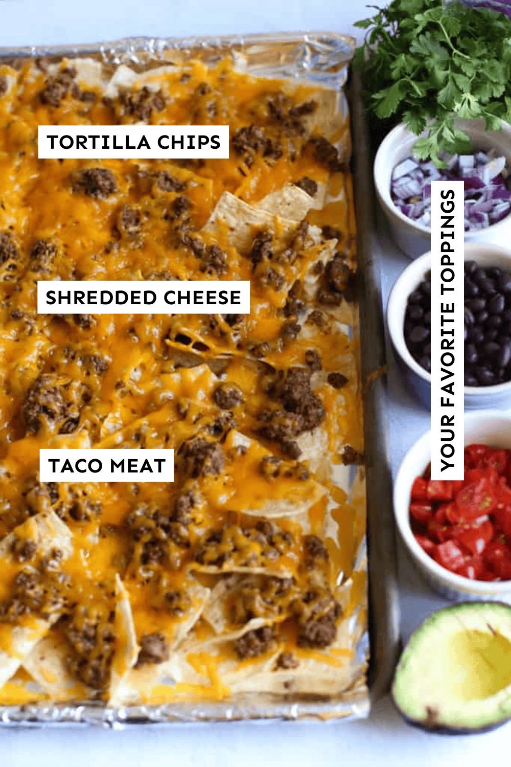 Baked Nachos ingredients laid out on a counter.