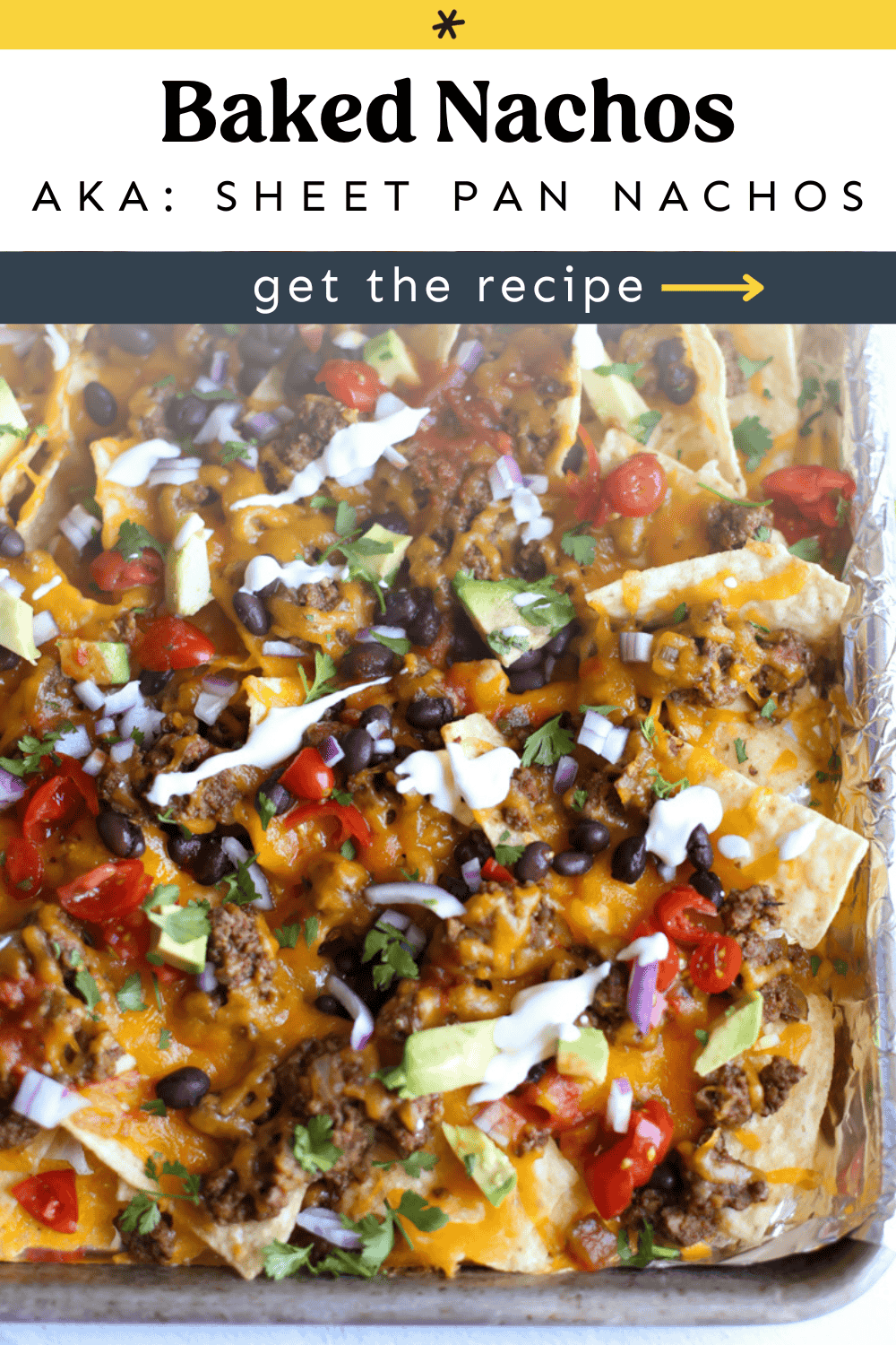 Sheet pan of ground beef nachos ready to be served.