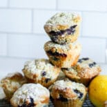 Stack of blueberry avocado muffins.